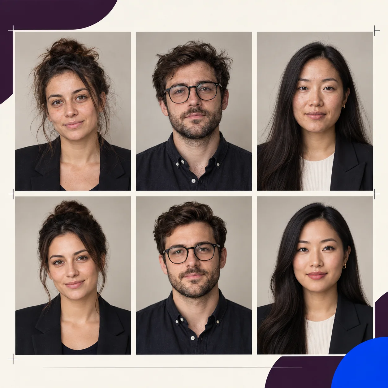 Three team portraits before and after a unified finish